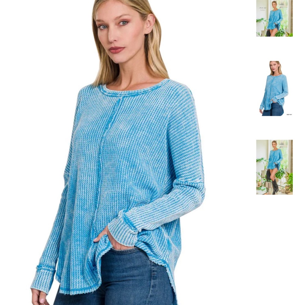ZENANA ACID WASHED BABY WAFFLE KNIT OVERSIZED LONG SLEEVE TOP Sz Small/Medium